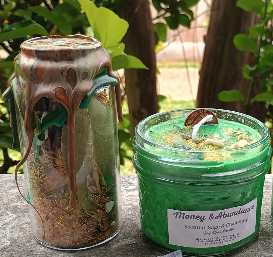 Custom-Made Money & Abundance Spell Jar and Intention Candle Bundle